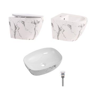 Комплект Qtap Robin Marble 3 в 1: підвісний унітаз Ultra Quiet + біде підвісне + раковина накладна QTROBMR49160 SD00055284 фото