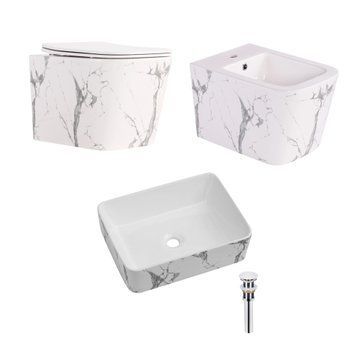Комплект Qtap Tern Marble 3 в 1: підвісний унітаз Ultra Quiet + біде підвісне + раковина накладна QTTERMR49164 SD00055288 фото