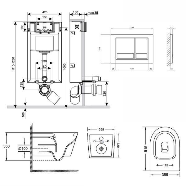 Готове рішення Qtap для ванної кімнати: підвісний унітаз Swan Rimless 520х360х320 + комплект інсталяції Nest 4 в 1 (квадратна клавіша Chrome) SD00042991 фото