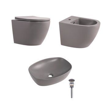 Комплект Qtap Robin Stone grey 3 в 1: підвісний унітаз Ultra Quiet + біде підвісне + раковина накладна QTROBSG49158 SD00055282 фото