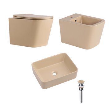 Комплект Qtap Tern Beige 3 в 1: підвісний унітаз Ultra Quiet + біде підвісне + раковина накладна QTTERSB49163 SD00055287 фото